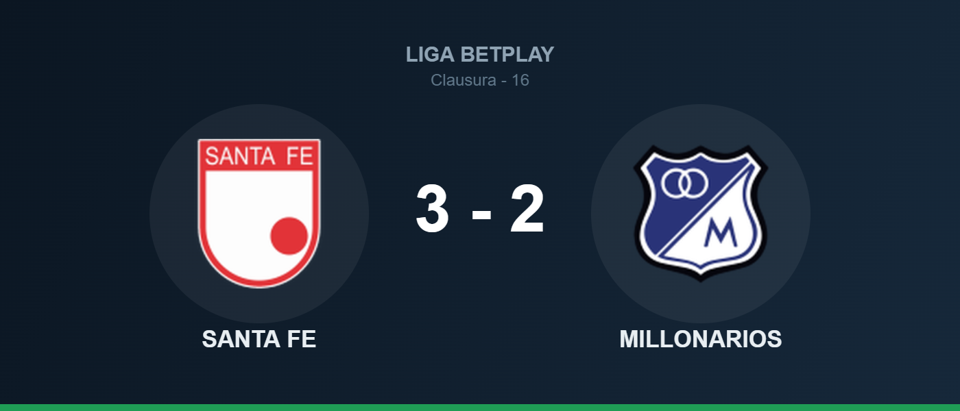 Santa Fe 3-2 Millonarios, resultado Liga BetPlay fecha 16
